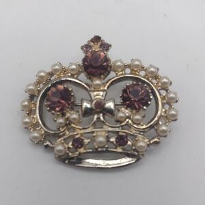 Vintage Crown Brooch Purple Glass and Faux Pearl